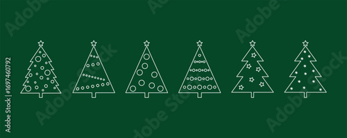 Christmas tree, set of icons, contour isolated on green, festive simple line illustration, vector. Decorative abstract element for decoration, design, postcards, labels, greetings