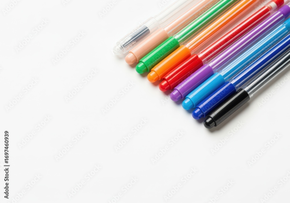 Fototapeta premium Vibrant colorful pens neatly arranged on white