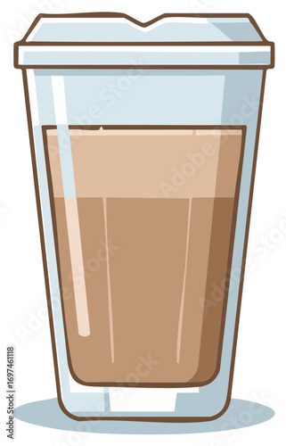 Cartoon illustration of a takeaway coffee drink in a reusable double wall glass tumbler
