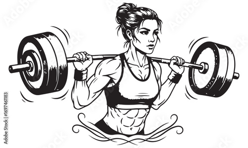 Determined Female Weightlifter with Barbell, Dynamic Black and White Illustration