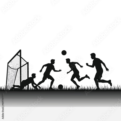 Silhouette of a soccer match with players and a goal