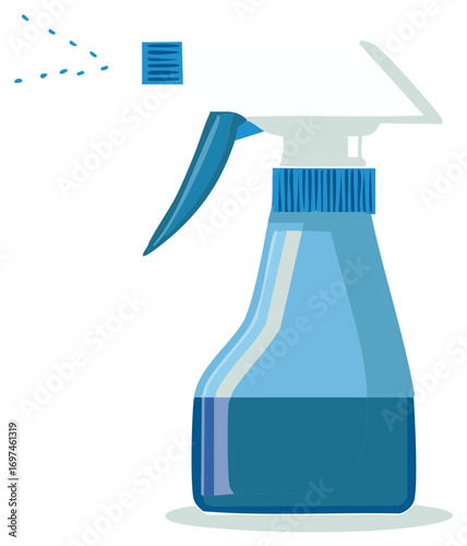 Blue spray bottle spraying liquid. Vector illustration of a cleaner bottle.