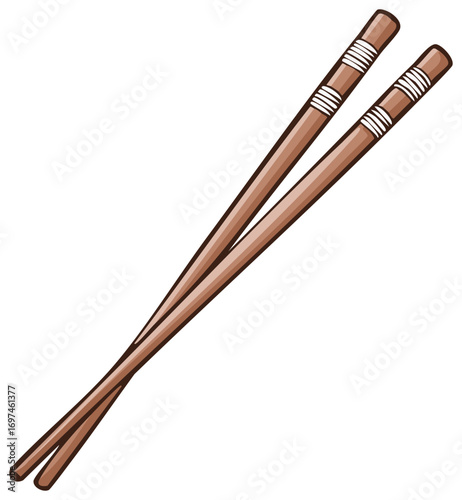 Illustration of wooden chopsticks with decorative white bands on a clean background