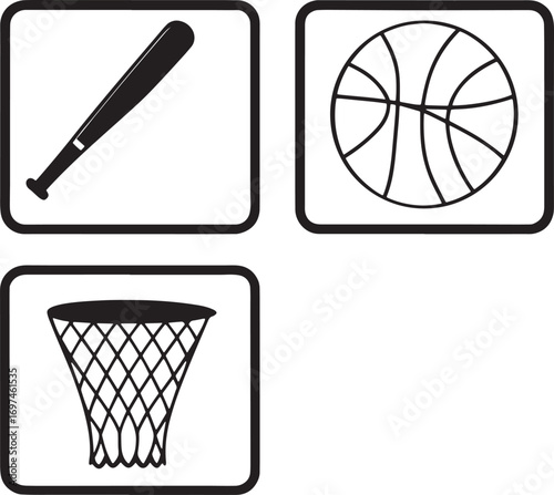 Sports Icons Baseball Bat, Basketball, Hoop