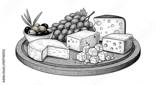 Cheese board with grapes and olives, detailed black and white drawing.