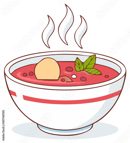 Appetizing bowl of hot red borscht soup steaming with sour cream and herbs cartoon illustration
