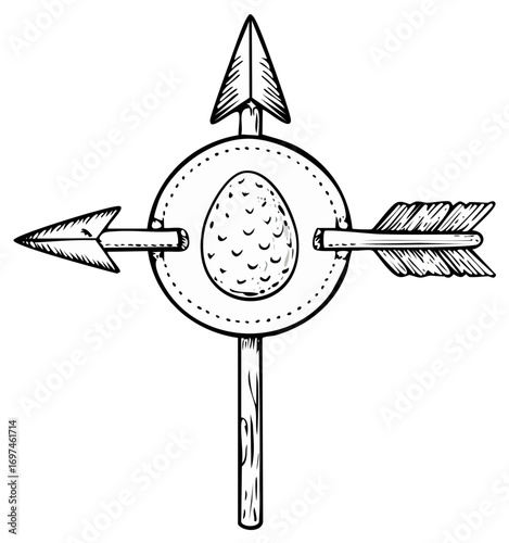Arrows pierce an egg inside circle in a hand drawn style design representing target goals and aspirations reaching objectives