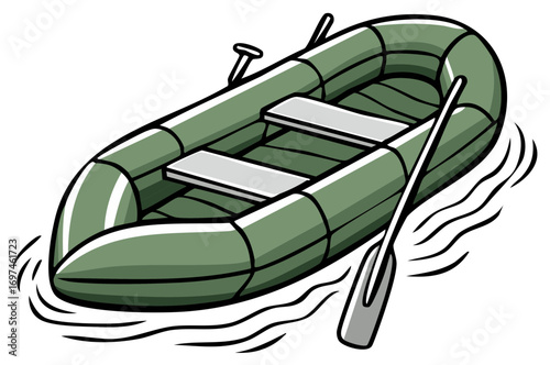 Inflatable dinghy with oar and paddles in calm water illustration for recreational boating