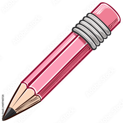 A pink pencil with a silver eraser grip and sharpened graphite tip is depicted in a diagonal perspective against a white background.