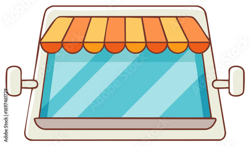 Cute cartoon mobile shop illustration with striped orange awning and blank window for business