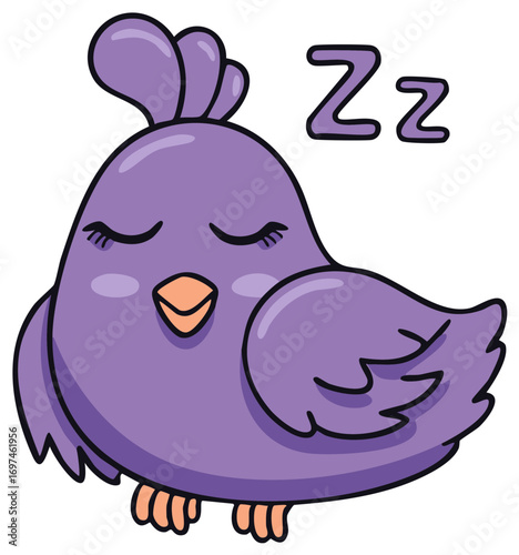 Cartoon Purple Bird Sleeping Peacefully with Zz Sound Effect. Cute Animal Illustration.