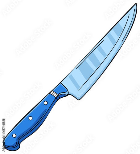 Illustration of a Single Kitchen Knife with Blue Handle and Sharp Blade