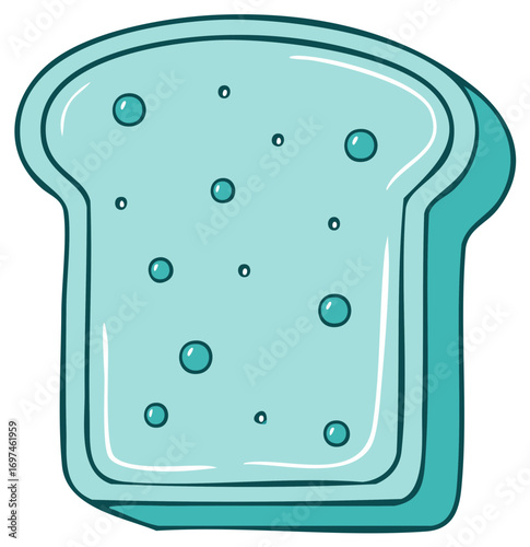 Cartoon illustration of a slice of bread with decorative bubbles and teal color scheme