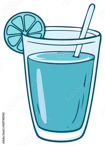Cartoon illustration of a refreshing blue drink in a glass with a citrus slice and straw