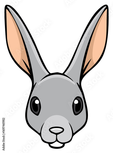 Cute grey rabbit head with long ears and big eyes cartoon vector illustration