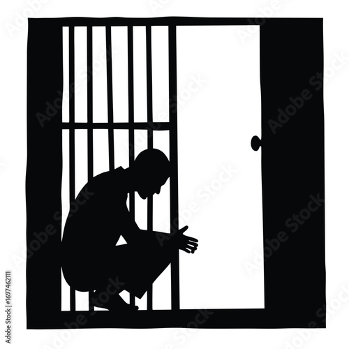 Silhouette of Man Crouching in Prison Cell Keywords: man, person, silhouette, prison, jail, bars