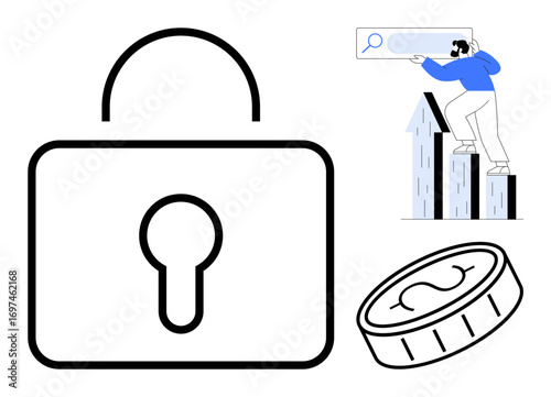 Lock symbol for security, coin for finance, user climbing bar graph enhancing search feature. Ideal for data protection, growth, cybersecurity, online commerce, user engagement, fintech safe search