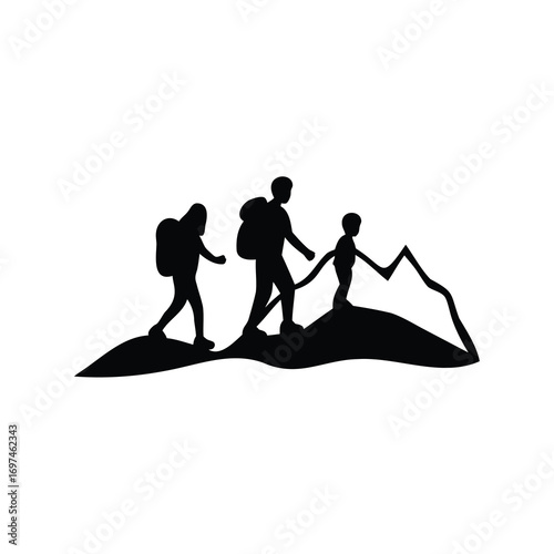 Silhouette illustration of a family of hikers climbing up a mountain peak