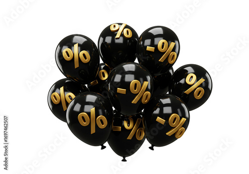 Black balloons with golden percentage symbols isolated on transparent background
