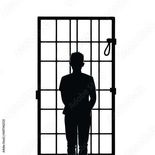 Silhouette of Man Standing Behind Prison Bars Keywords: man, person, silhouette, prison, jail