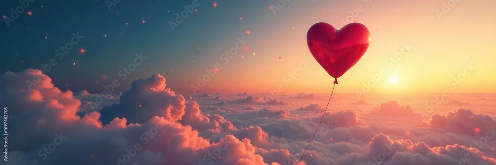 Fototapeta premium A lonely heart-shaped balloon floats away, symbolizing the search for love and companionship in a vast, empty space Perfect for depicting the feeling of being single and searching , view, solitude