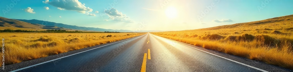 Fototapeta premium A long, straight road stretches into the distance on a brilliantly sunny day The asphalt gleams, reflecting the bright sunlight Perfect for travel, adventure, or summer themes , summer, highway