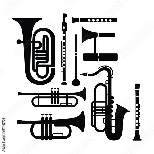 Collection of silhouetted wind and brass musical instruments
