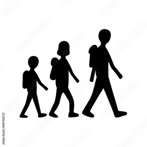 Silhouette of a walking family with backpacks showing the stages of life