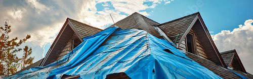Torn blue plastic tarp covering unfinished roof of rustic house.