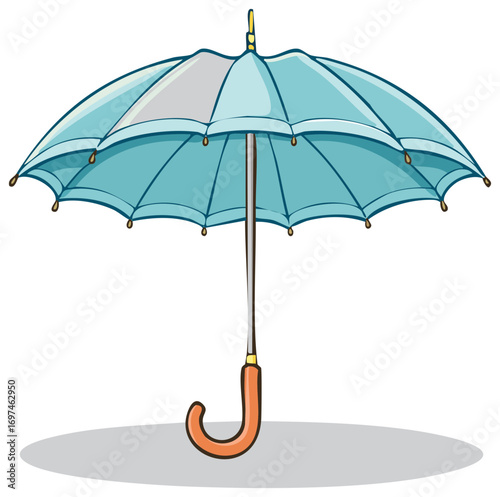 Illustration of open light blue umbrella, weather protection, safety, rain season