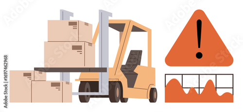 Forklift lifting boxes, hazard warning triangle, and load stability monitor. Ideal for logistics, warehouse safety, material handling, risk management, industrial training, cargo transport safety