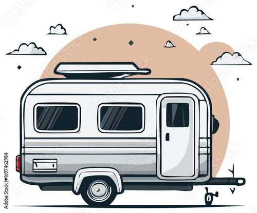 Retro camper travel trailer vector illustration for an outdoor road trip adventure