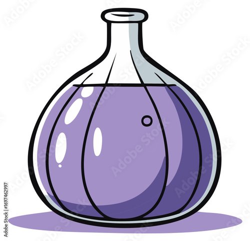 Cartoon illustration of a round glass flask with a magic purple potion