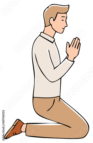 Vector illustration of a devout man kneeling on the floor in prayer with folded hands