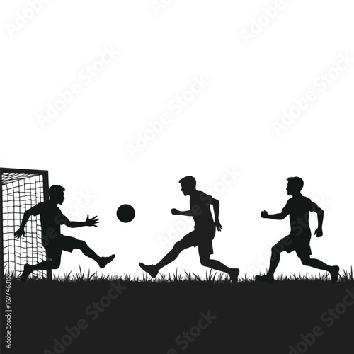 Silhouette of soccer players in action near a goal