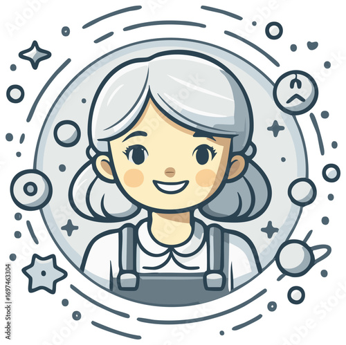 Smiling cartoon girl with silver hair in a cosmic celestial circle with stars and planets