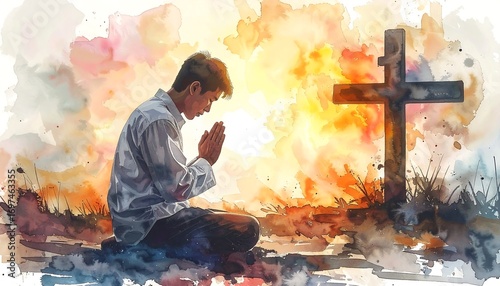A man praying at sunset by a cross