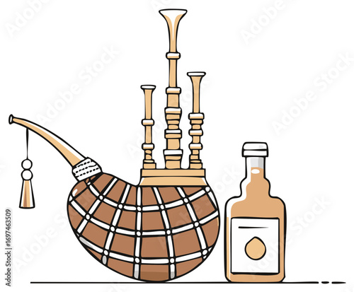 Scottish Bagpipe and Whiskey Bottle Composition Illustration of Musical Instrument and Beverage for Cultural Celebration