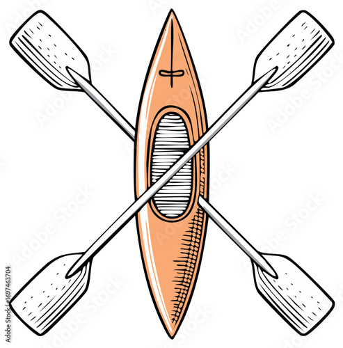 Hand Drawn Orange Kayak with Crossed Paddles Illustration, Water Sport Recreation Design, Adventure Icon