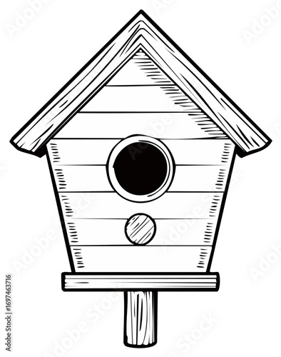 Hand drawn classic wooden birdhouse for birds and garden decor