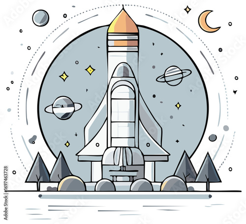 Rocket Ship Launching to Space with Planets and Stars Cartoon Illustration