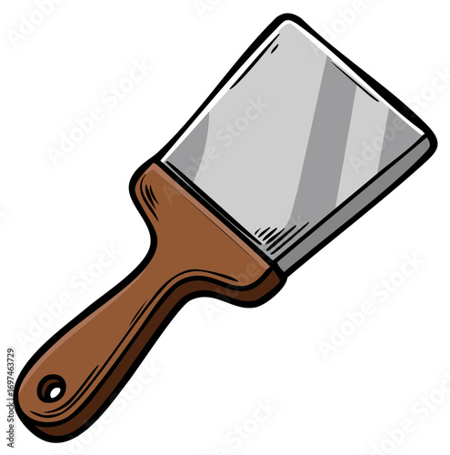 Illustration of a broad metal spatula with wooden handle for painting or spreading, repair tools