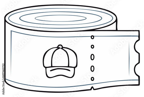 Stylized drawing of a ticket roll with a baseball cap icon