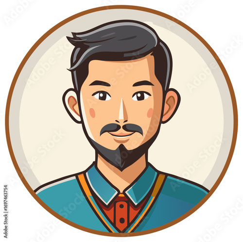Cartoon portrait of a man with dark hair, mustache, and beard in a brown circular frame