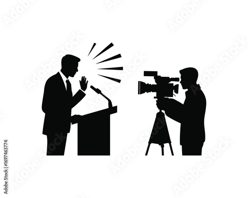 Press Conference Silhouette Design with Podium and Microphone, Photographer's Day Concept