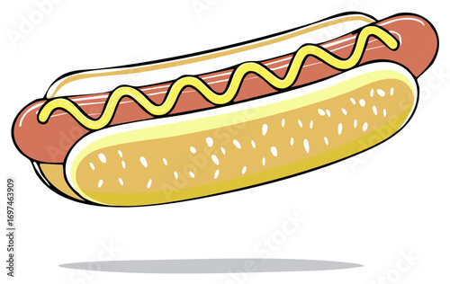 Classic Hot Dog with Yellow Mustard in a Bun Vector Illustration