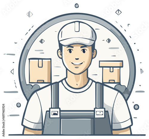 Smiling delivery person wearing a cap and overalls with boxes in the background