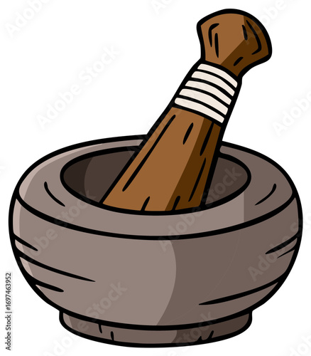 Cartoon illustration of a mortar and pestle used for grinding ingredients