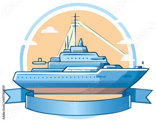 Luxury Cruise Ship Vector Illustration with Sky and Ribbon Design Element, Banner Graphic