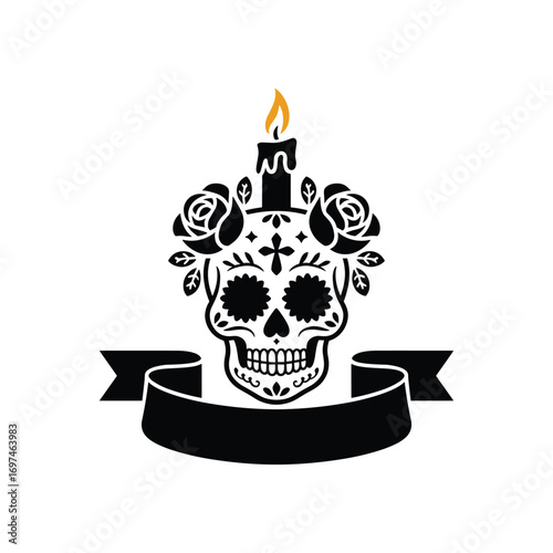 Sugar Skull with Candle, Roses and Ribbon on White Background, Concept of Day of the Dead Vector Illustration